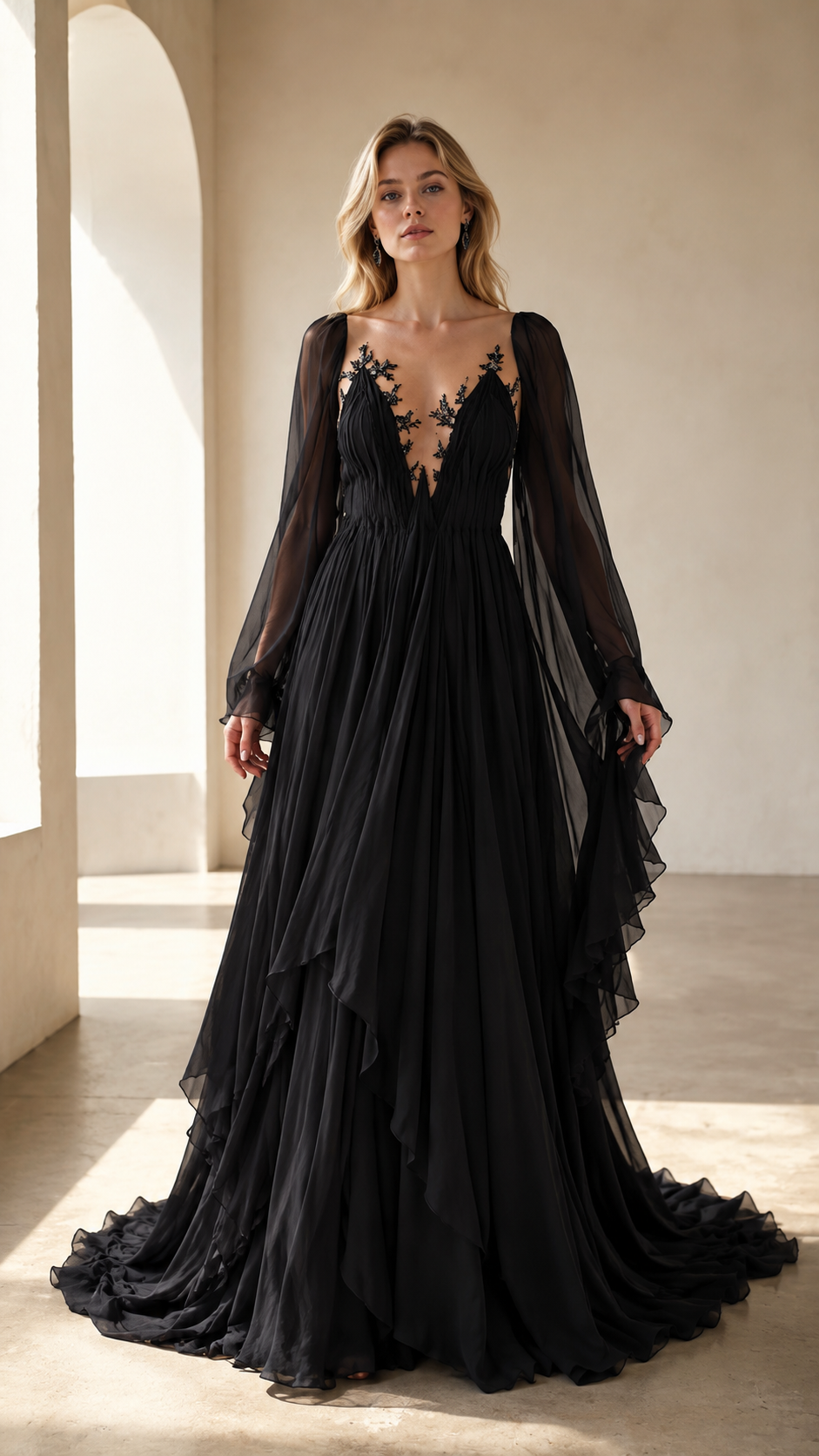 Front full-length view of black formal maxi gown with sheer sleeves and dramatic drape