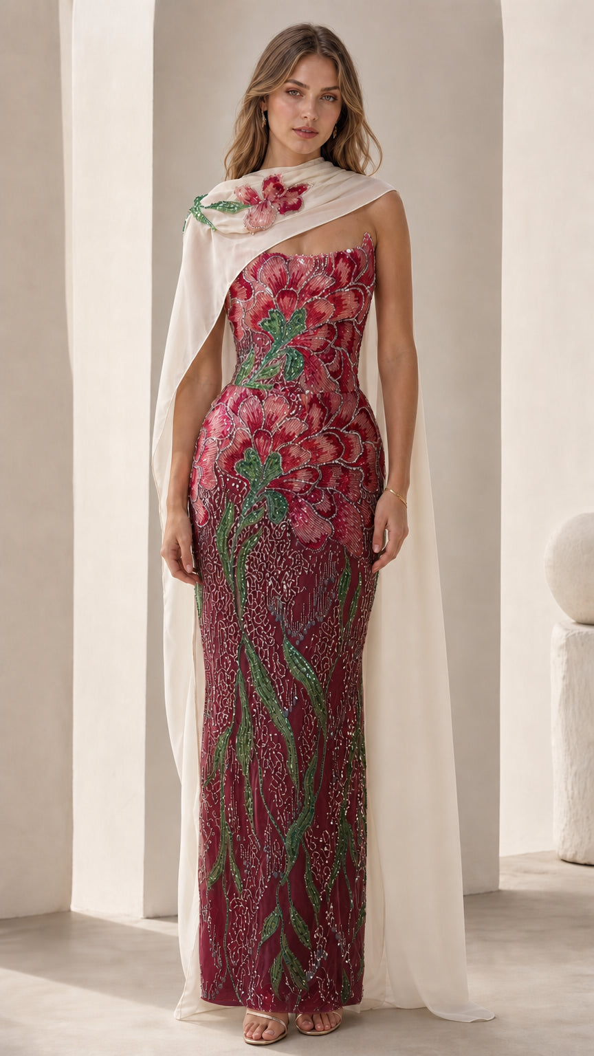 Burgundy variant of the embroidered floral strapless evening gown with cape
