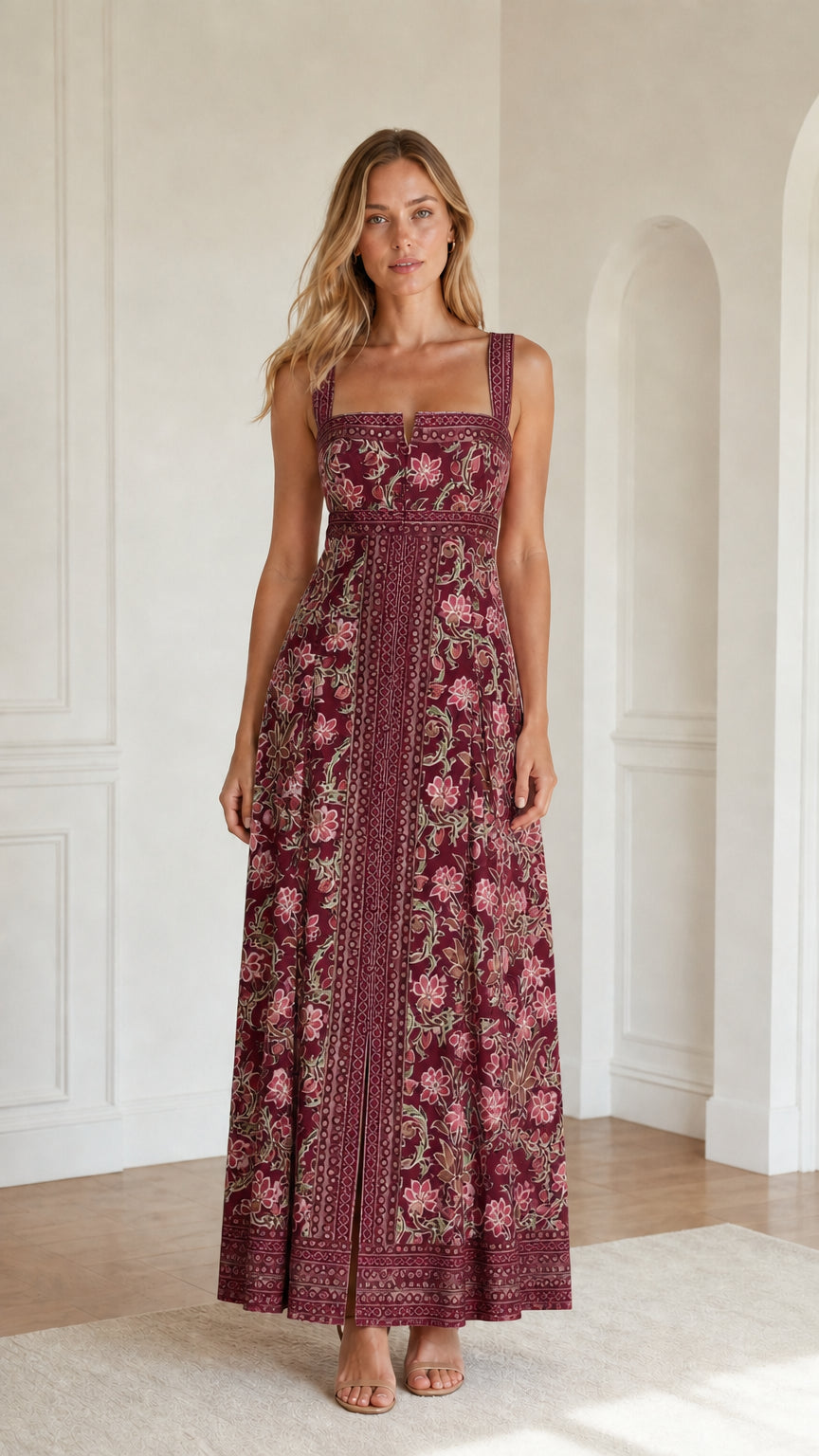 Model wearing burgundy floral print maxi dress