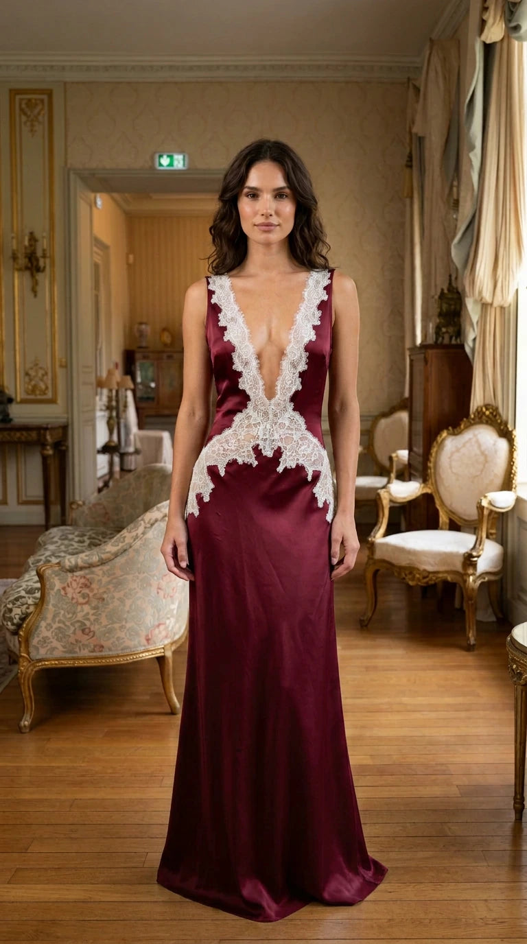 Front view of burgundy satin maxi dress with lace trim