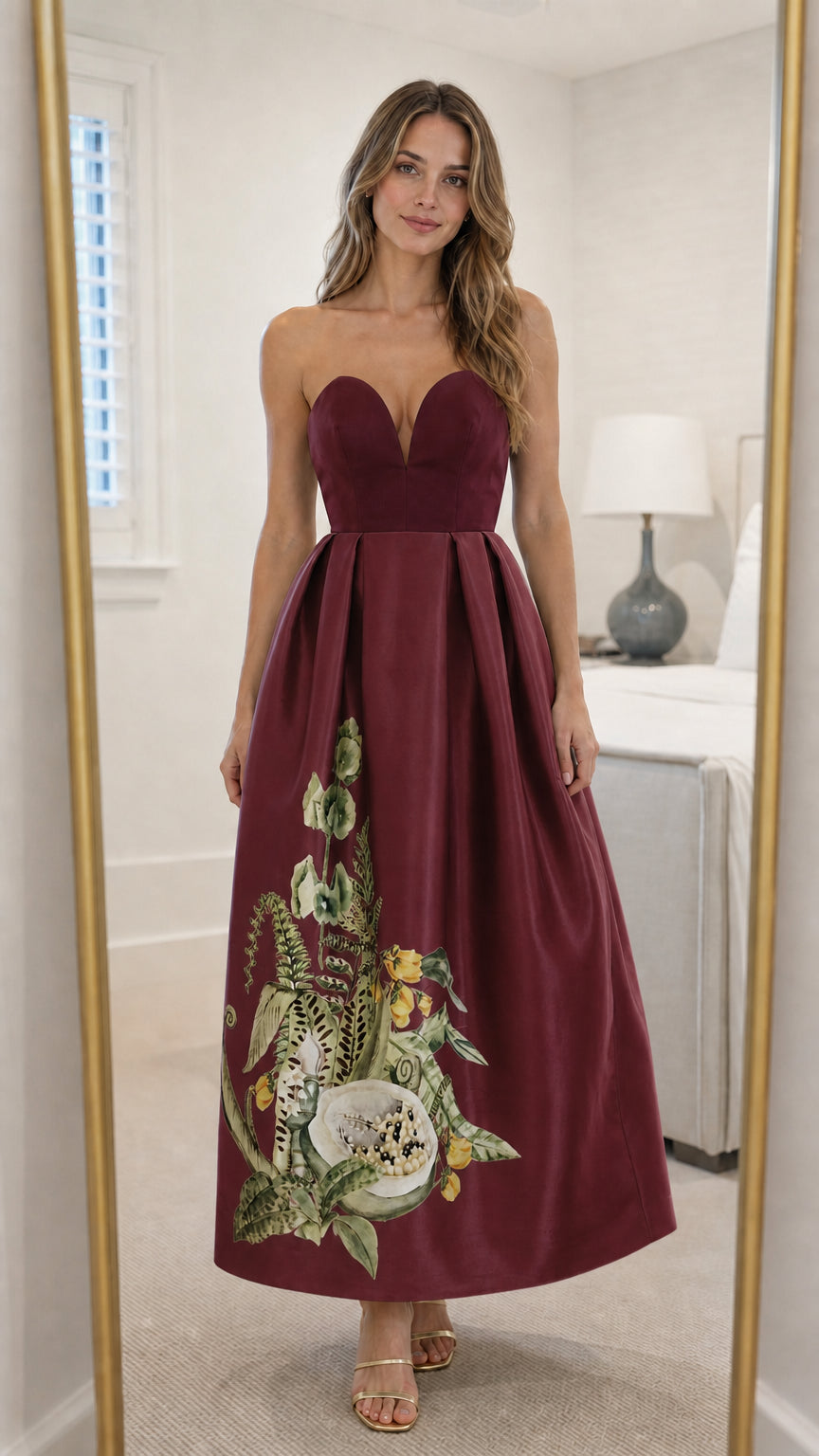 Front view of burgundy strapless floral embroidered maxi dress