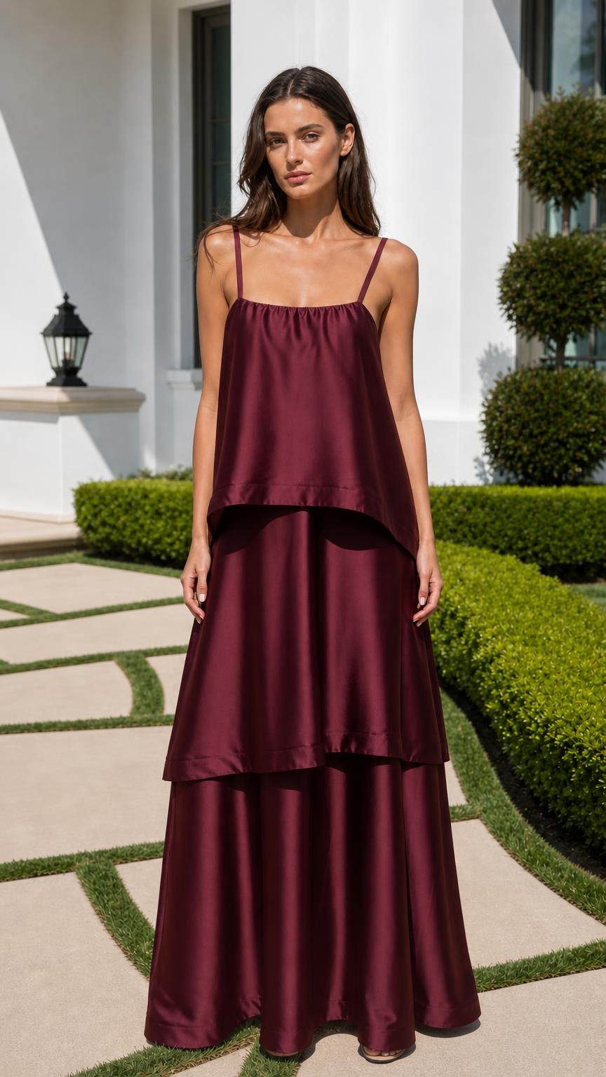 Front view of model wearing burgundy tiered maxi dress