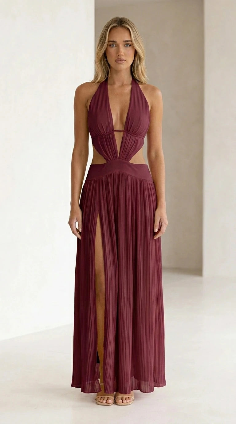 Burgundy color variant of halter neck cutout pleated maxi dress