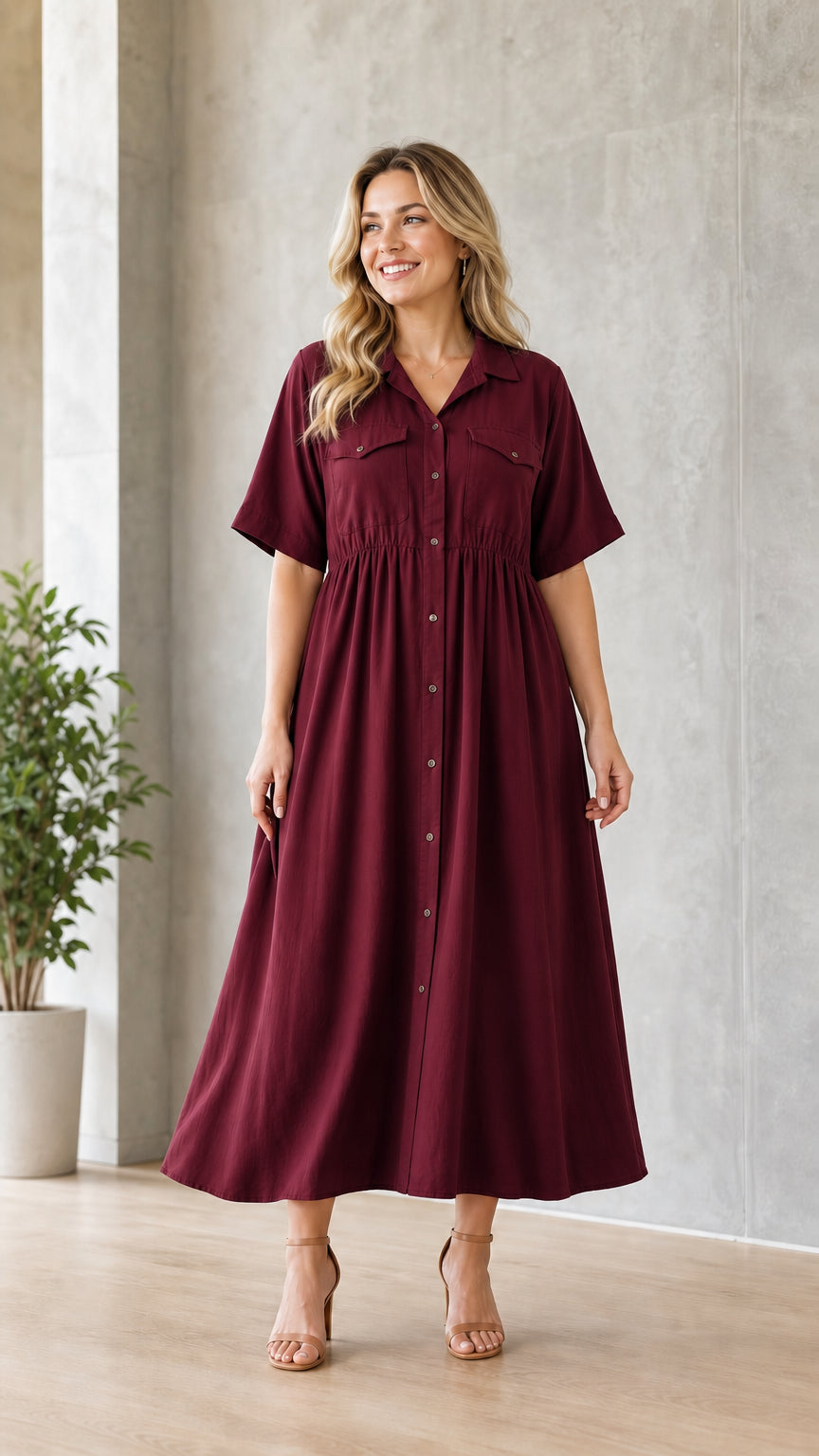 Woman wearing burgundy utility midi shirt dress