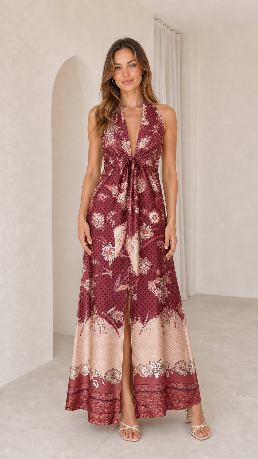 Model wearing Burgundy floral maxi dress