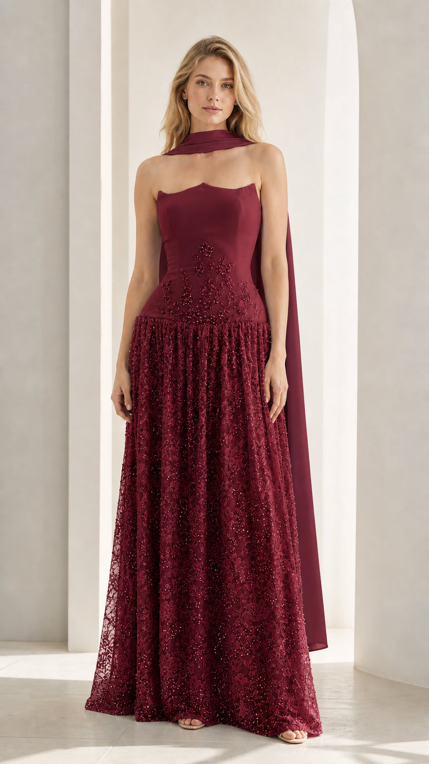 Front view of burgundy evening gown variant