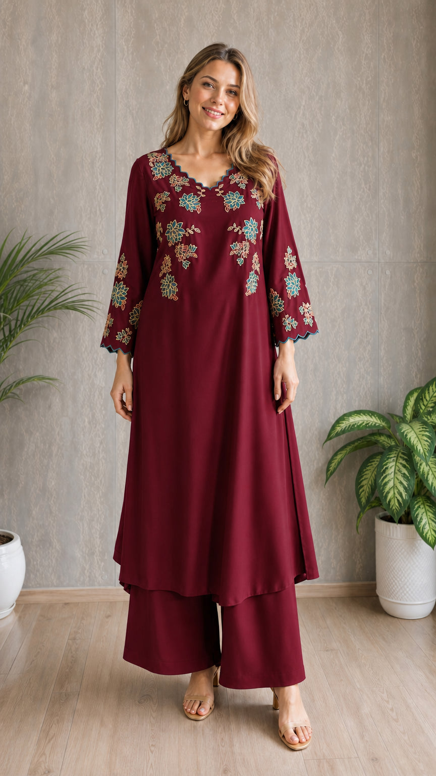 Model wearing burgundy embroidered tunic and wide-leg pants set