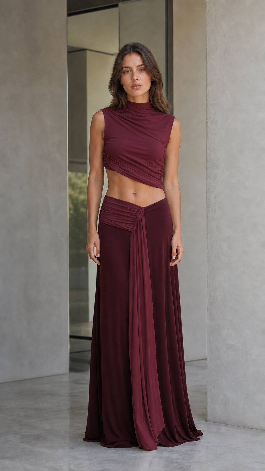 Front view of burgundy two-piece maxi dress set