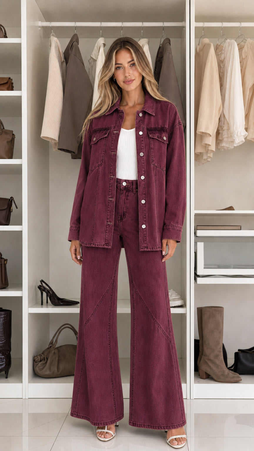 Front view of woman wearing burgundy denim shacket and wide leg pants set
