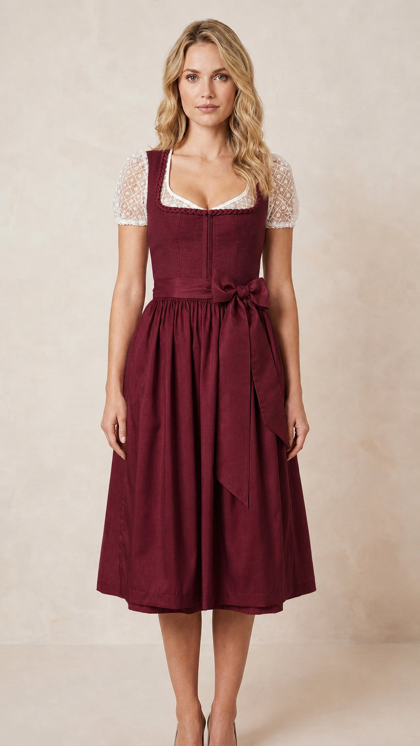 Front view of burgundy traditional dirndl dress