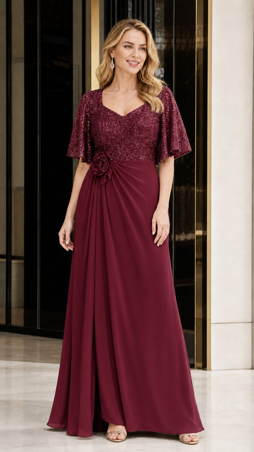 Front view of burgundy sequin evening gown