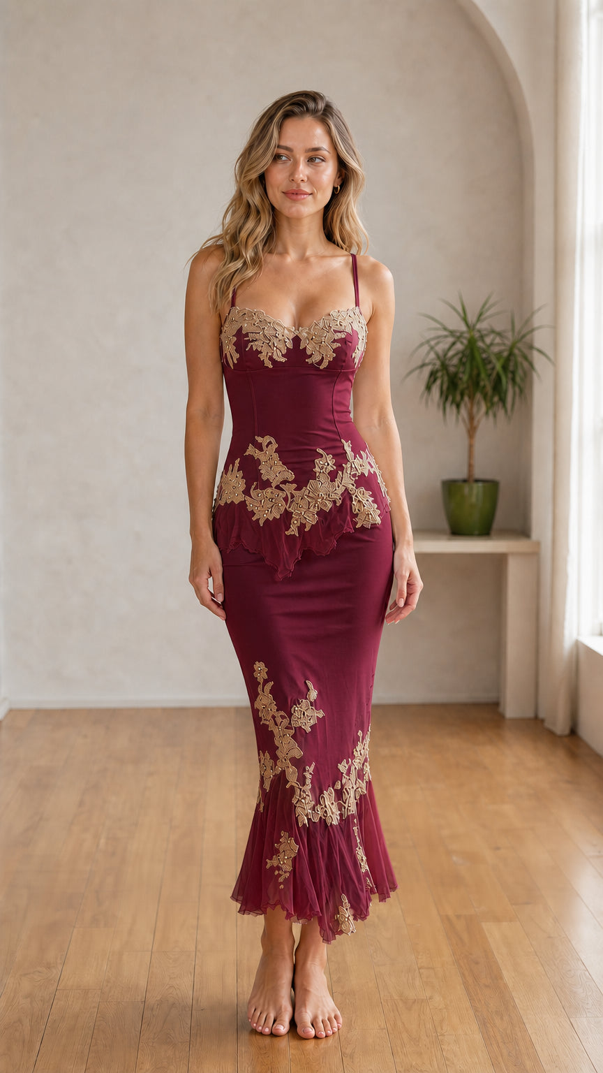 Front view of Burgundy embroidered slip midi dress