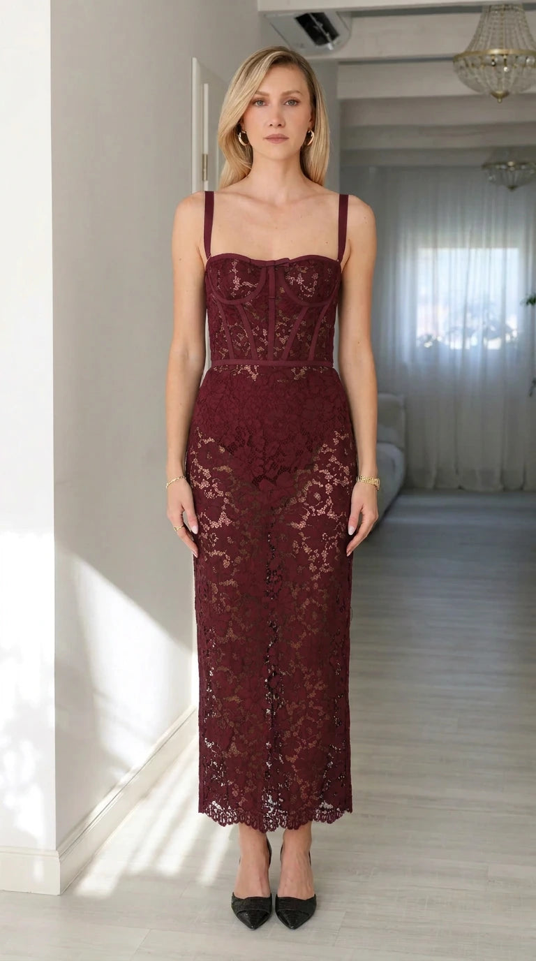 Front view of woman wearing burgundy lace corset midi dress
