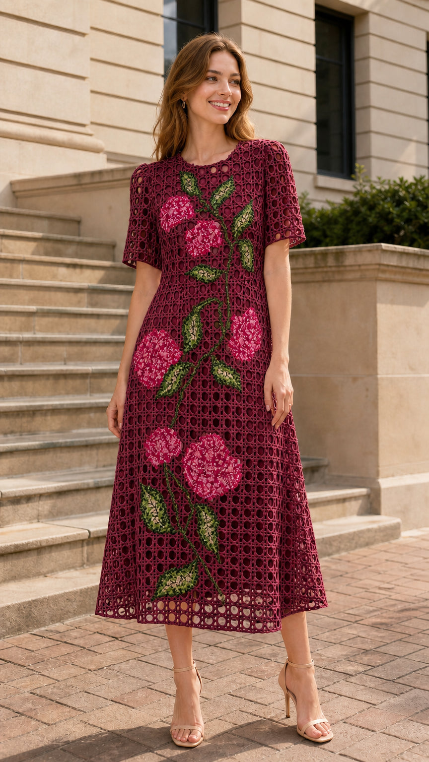 Front view of woman wearing burgundy floral embroidered midi dress