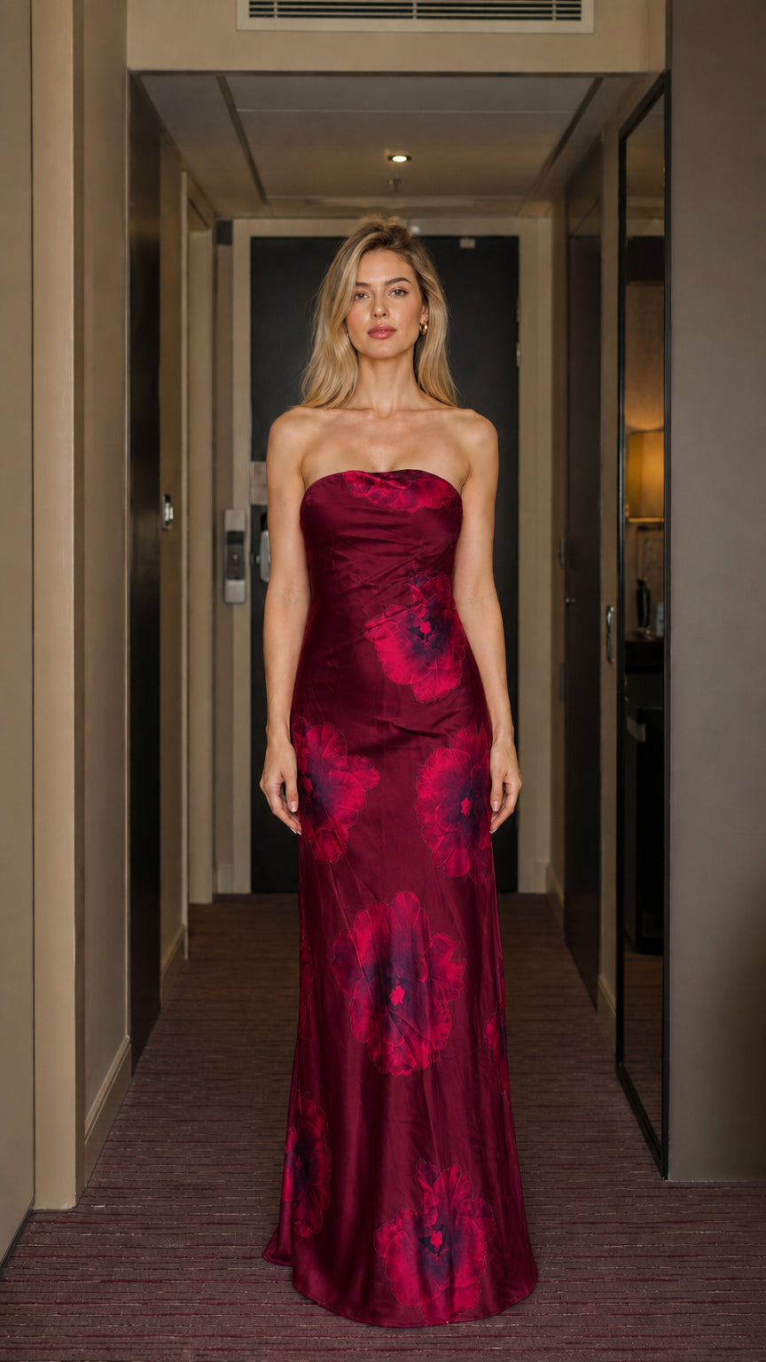 Burgundy color variant of floral satin maxi dress