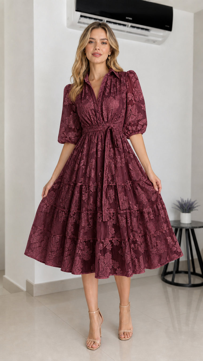 Front view of burgundy floral embroidered midi dress