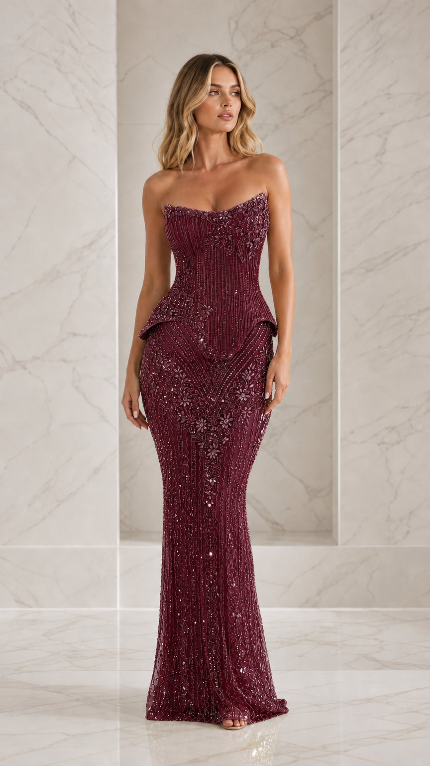 Front view of model wearing burgundy beaded strapless evening gown