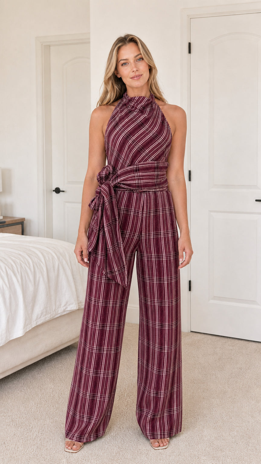 Front view of model in burgundy plaid jumpsuit variant