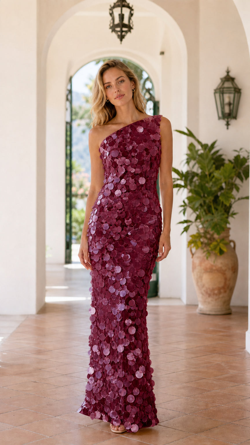 Model wearing burgundy one-shoulder sequin evening dress