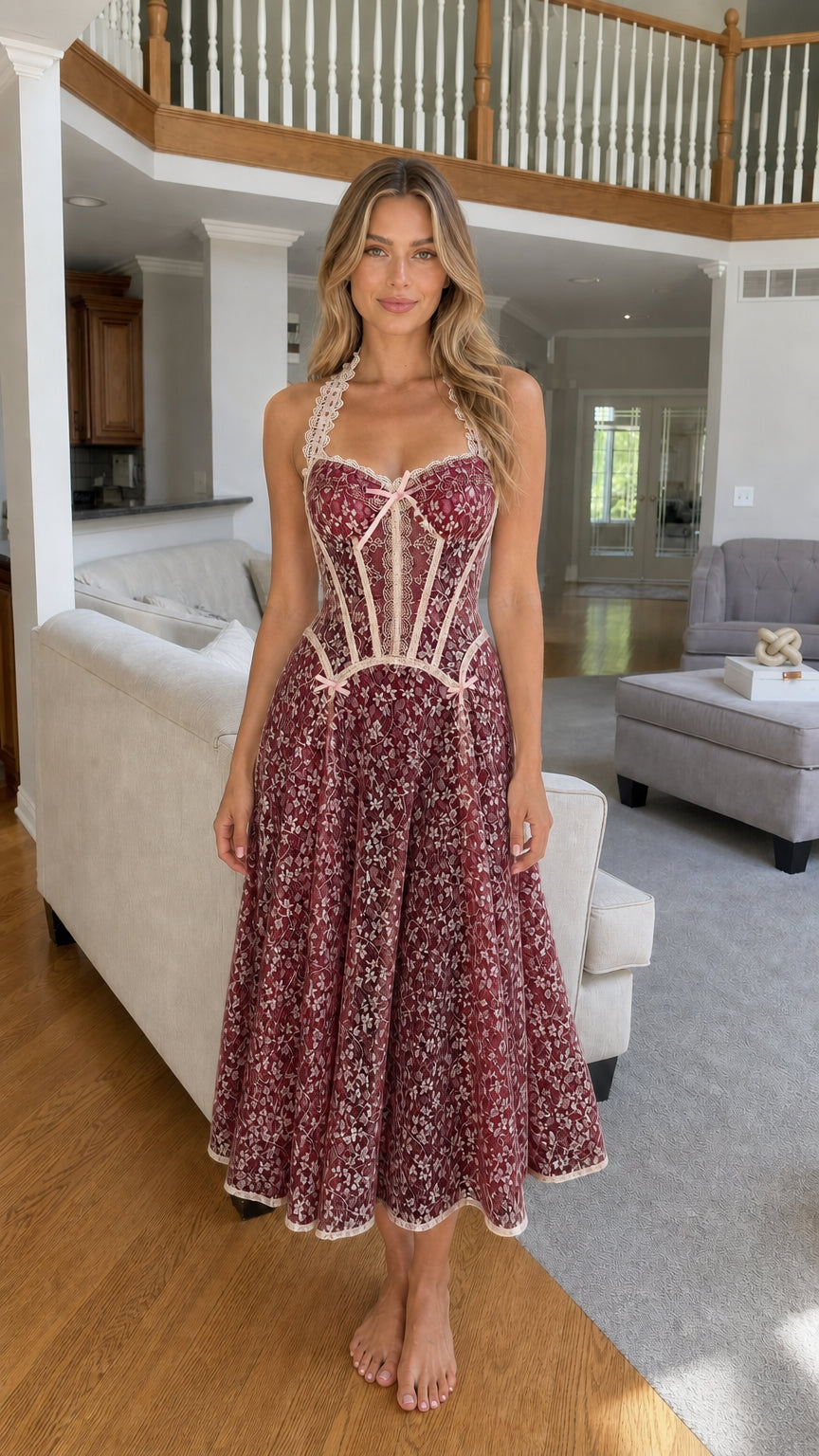 Woman wearing burgundy lace corset midi dress