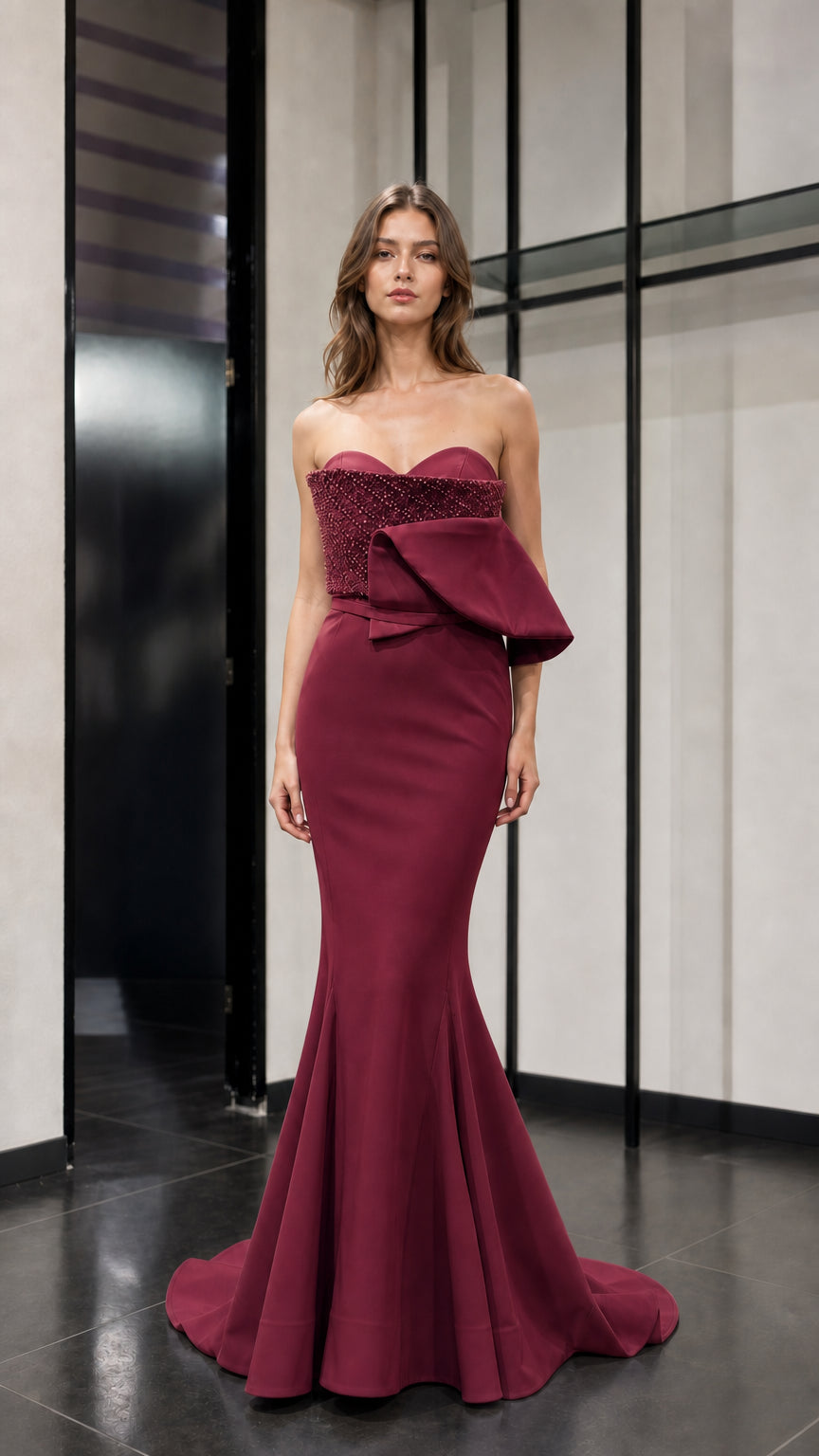 Front view of burgundy evening gown variant
