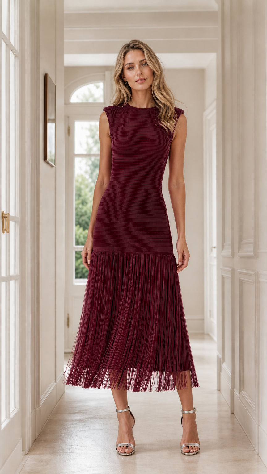 Front view of model wearing burgundy color variant