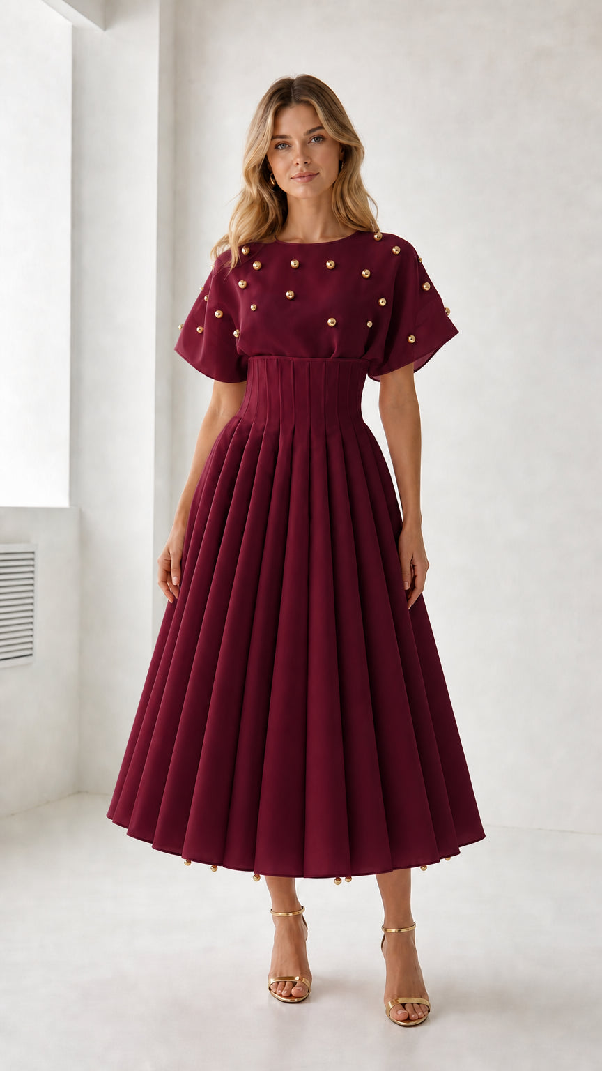 Model wearing burgundy color variant of the pleated midi dress