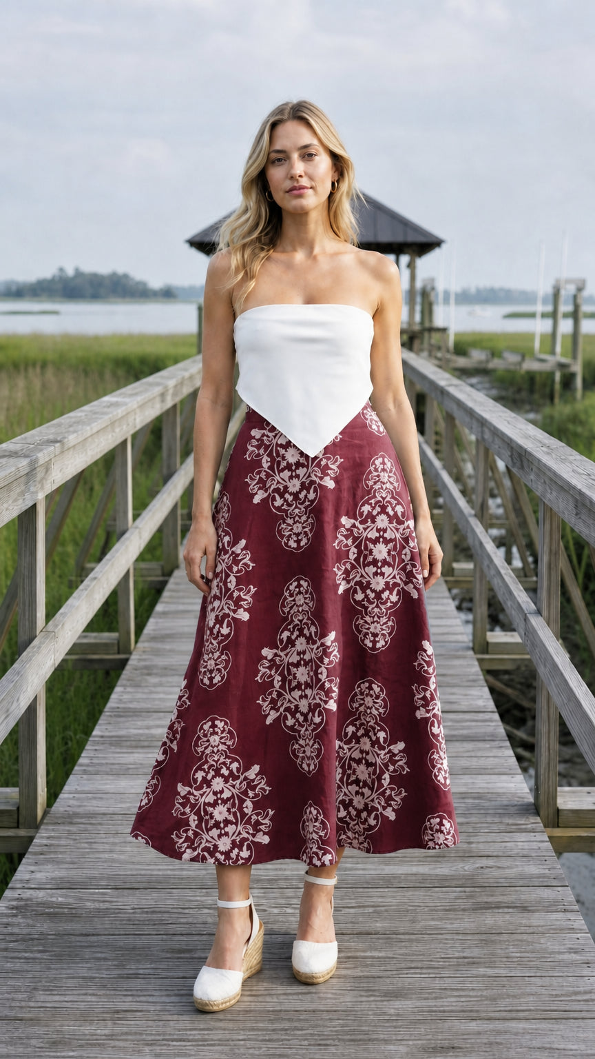 Front view of burgundy floral midi skirt variant