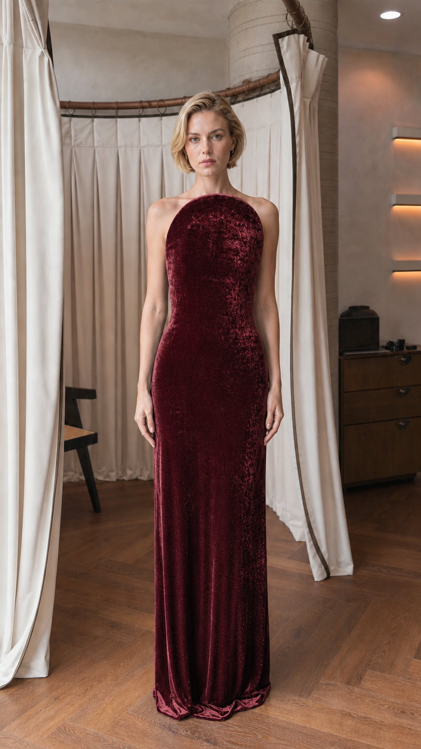 Model wearing burgundy velvet halter evening gown