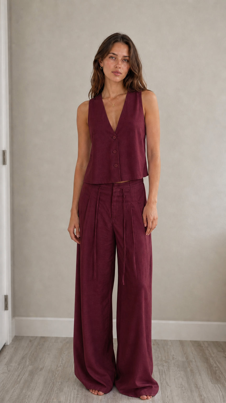 Full-length view of model in burgundy two-piece vest and pants set