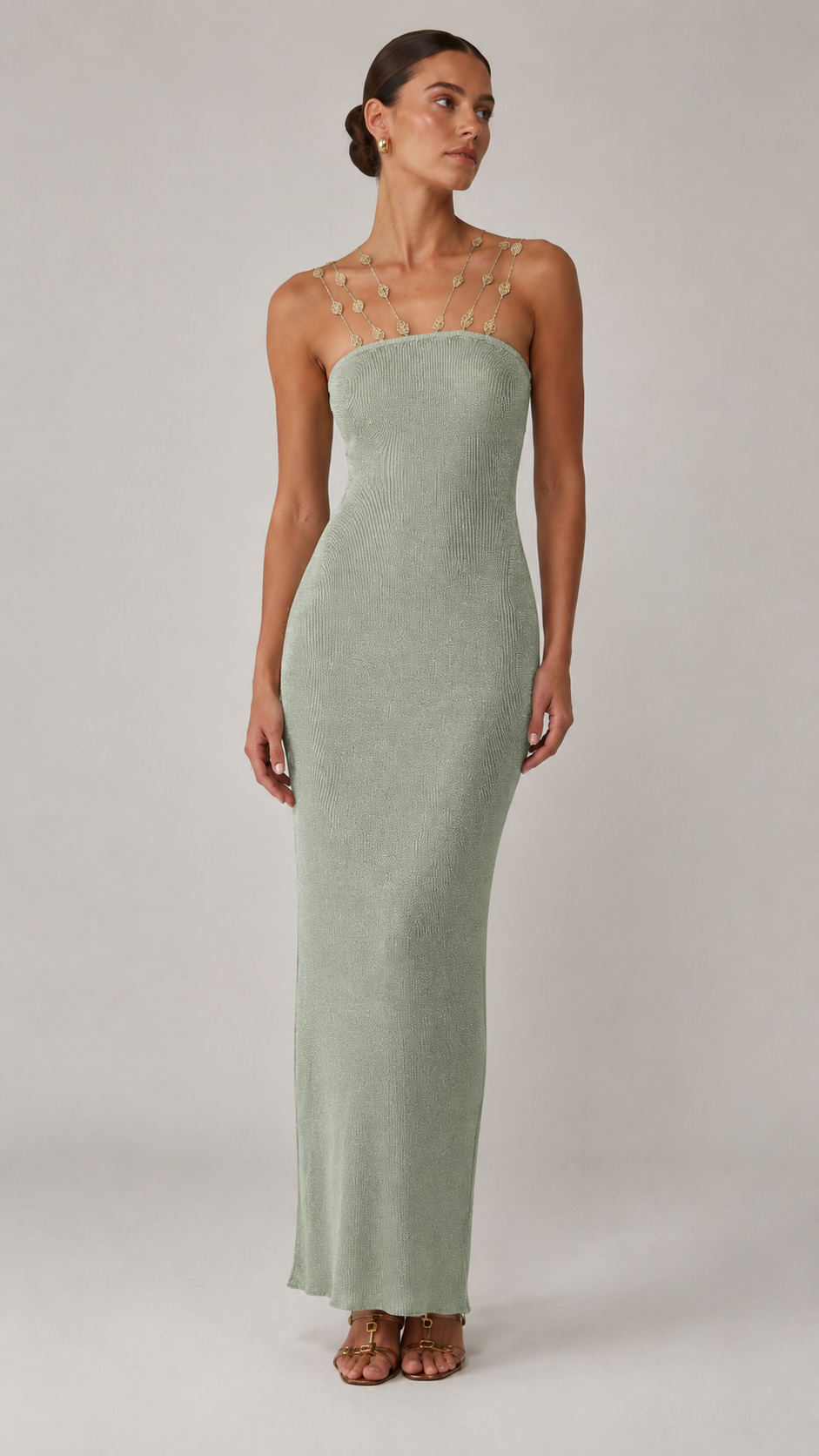 Front view of sage beaded strap bodycon maxi dress