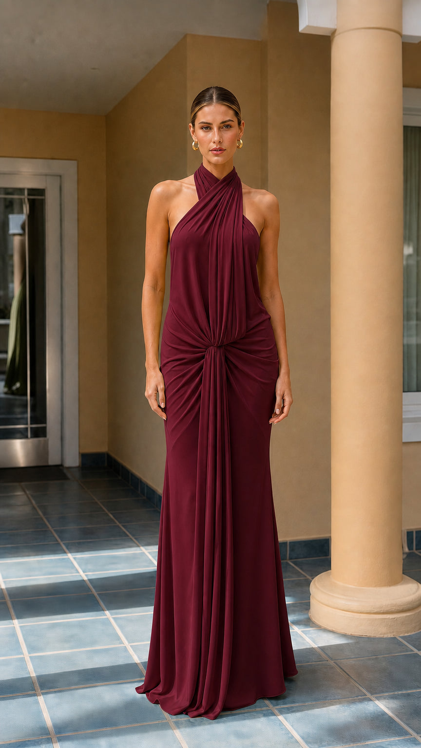 Model wearing burgundy halter neck draped knot maxi dress