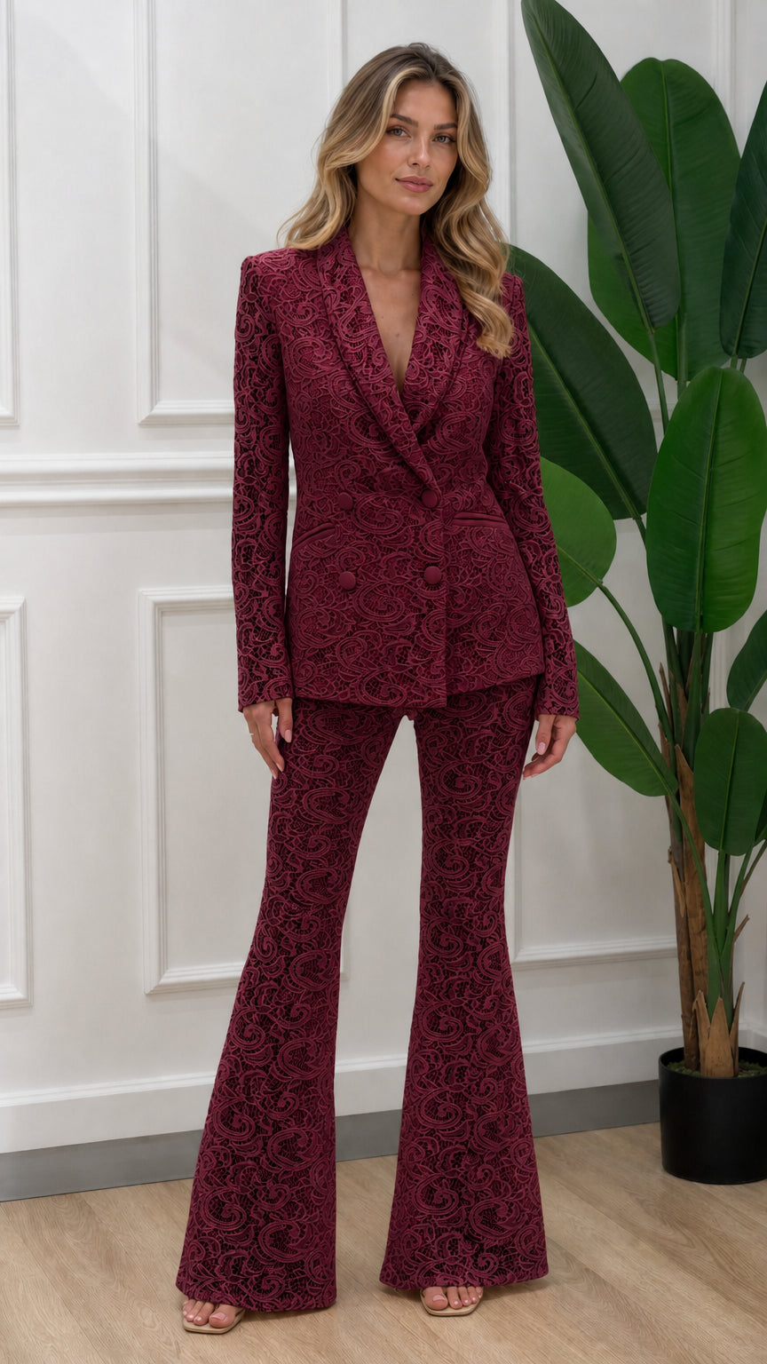 Full length front view of burgundy lace suit