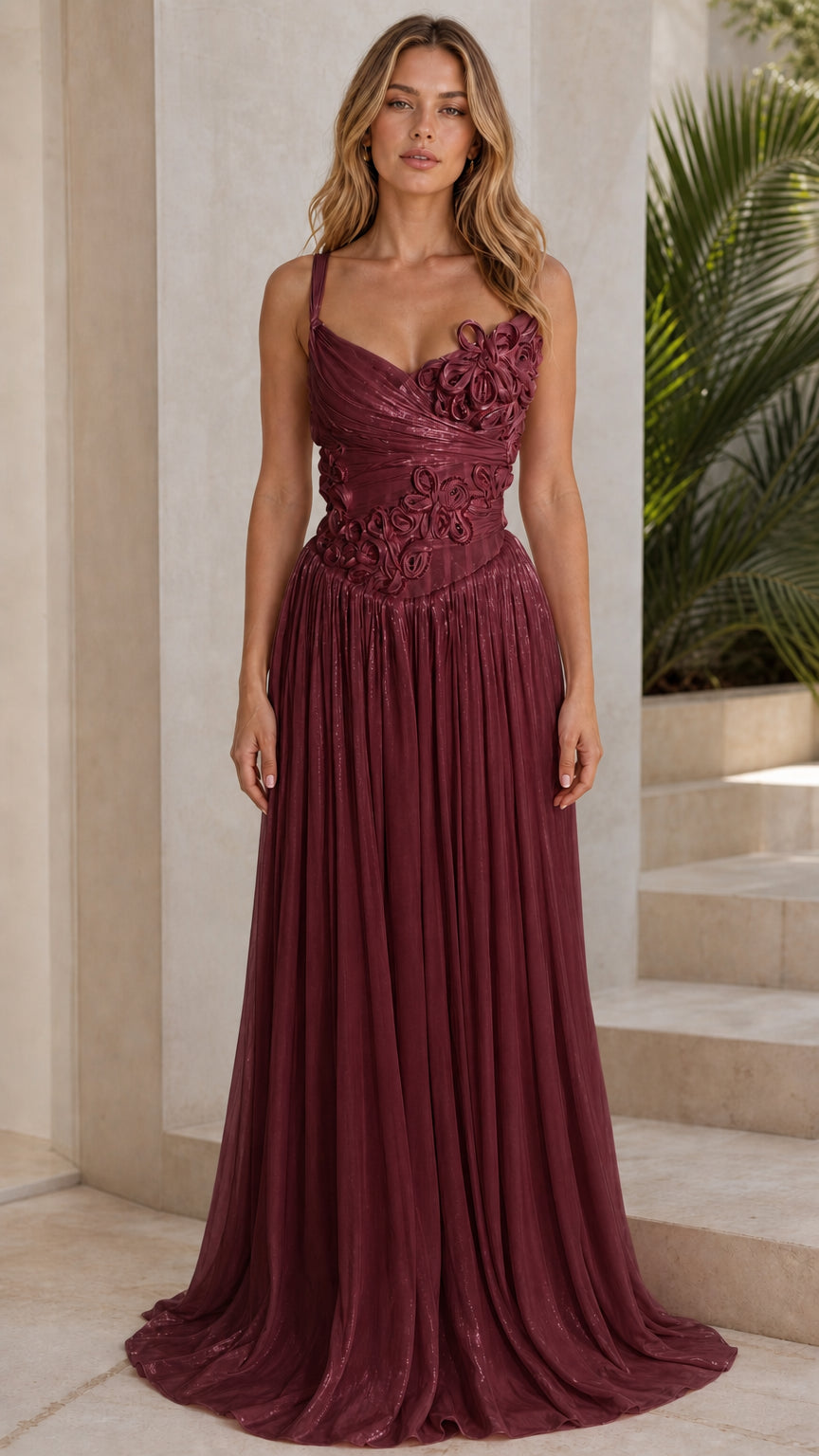 Burgundy floral applique pleated evening dress front view