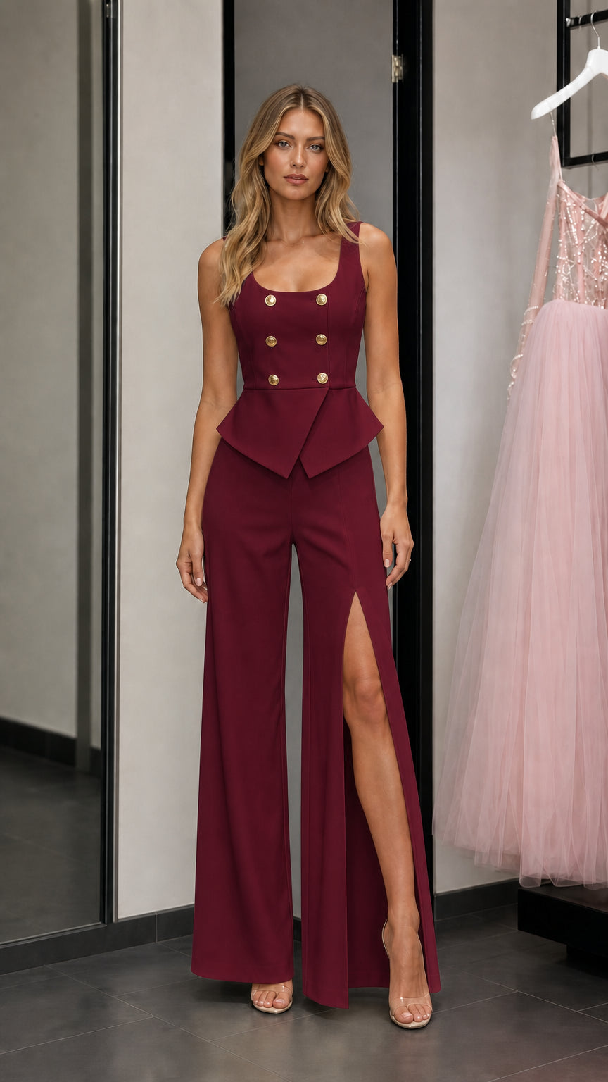 Front view of model wearing burgundy peplum vest and split pants set