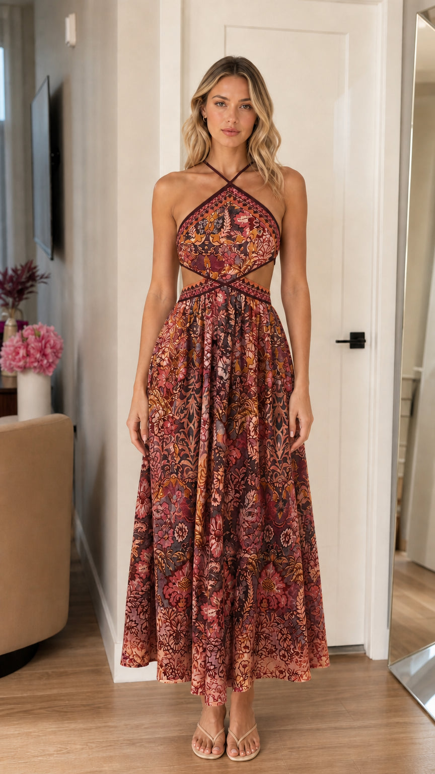 Front view of the maxi dress in burgundy