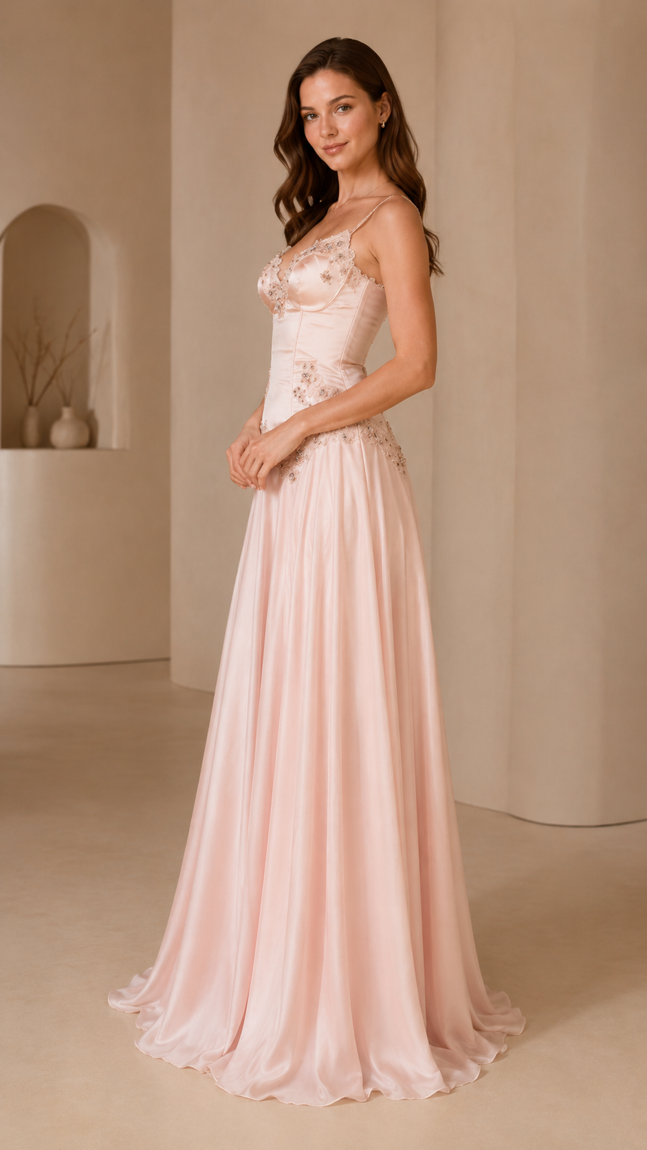 Blush pink embroidered satin-look maxi evening dress side view