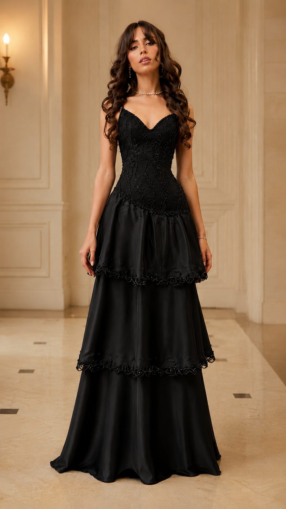 Front view of black tiered lace bodice maxi dress