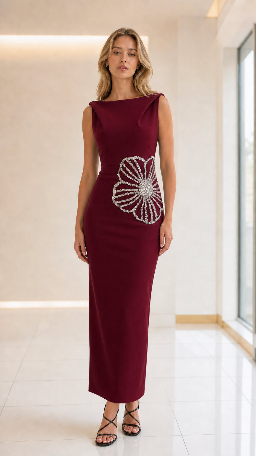 Front view of burgundy evening maxi dress