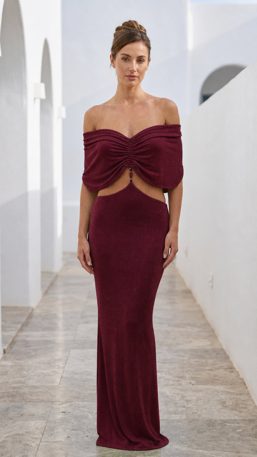 Burgundy off-shoulder cutout maxi dress front view