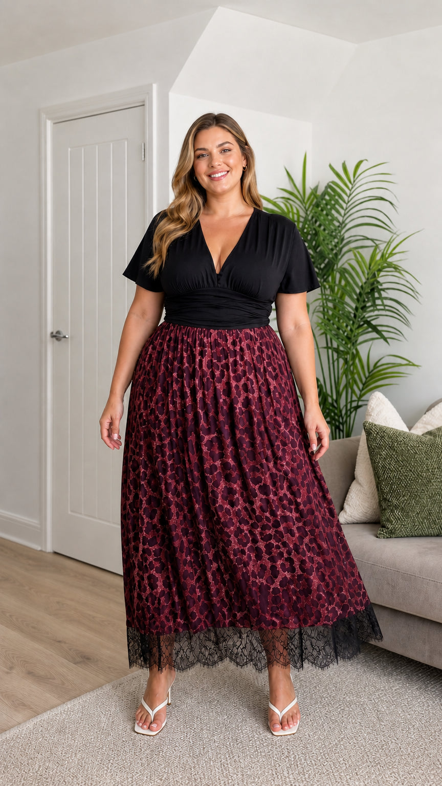 Front view of plus size red leopard print midi dress