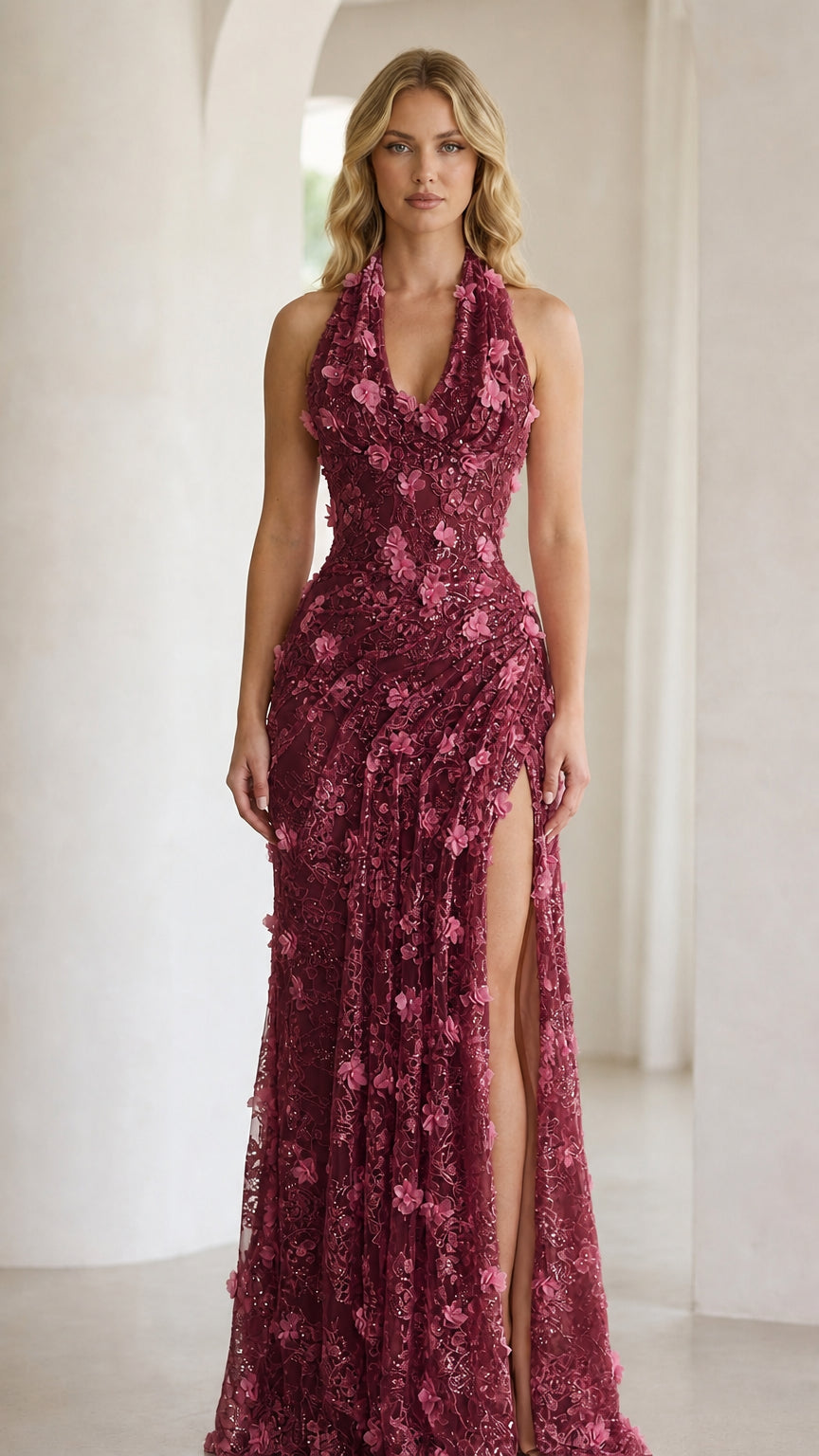Front view of burgundy halter floral applique evening gown