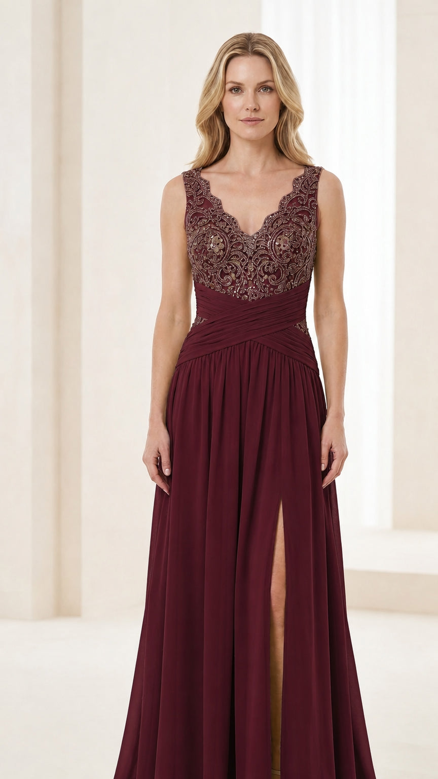 Front view of burgundy evening gown featuring rich jewel-tone chiffon