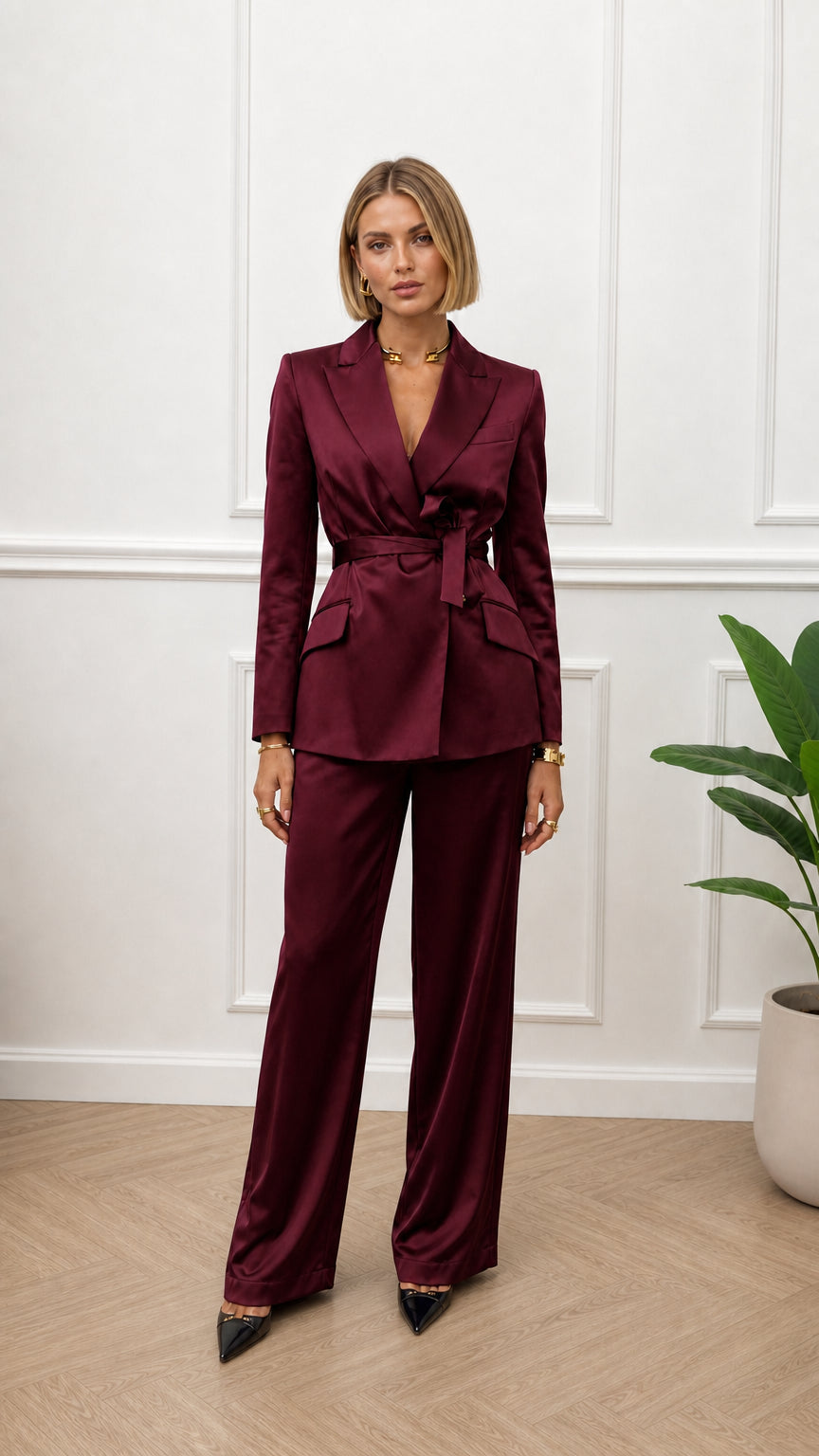 Woman wearing burgundy satin two-piece suit