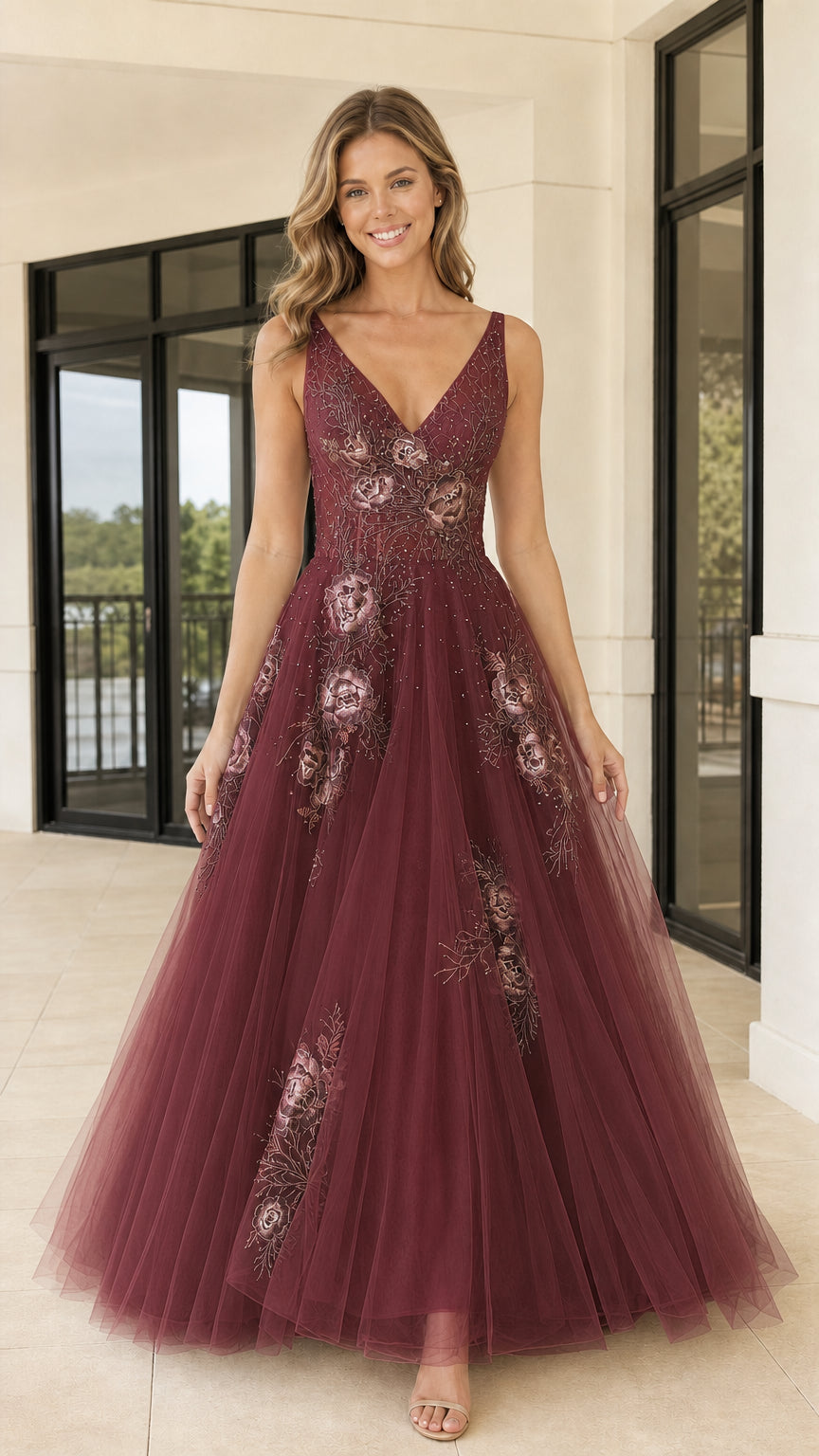 Front view of burgundy floral embroidered tulle evening gown