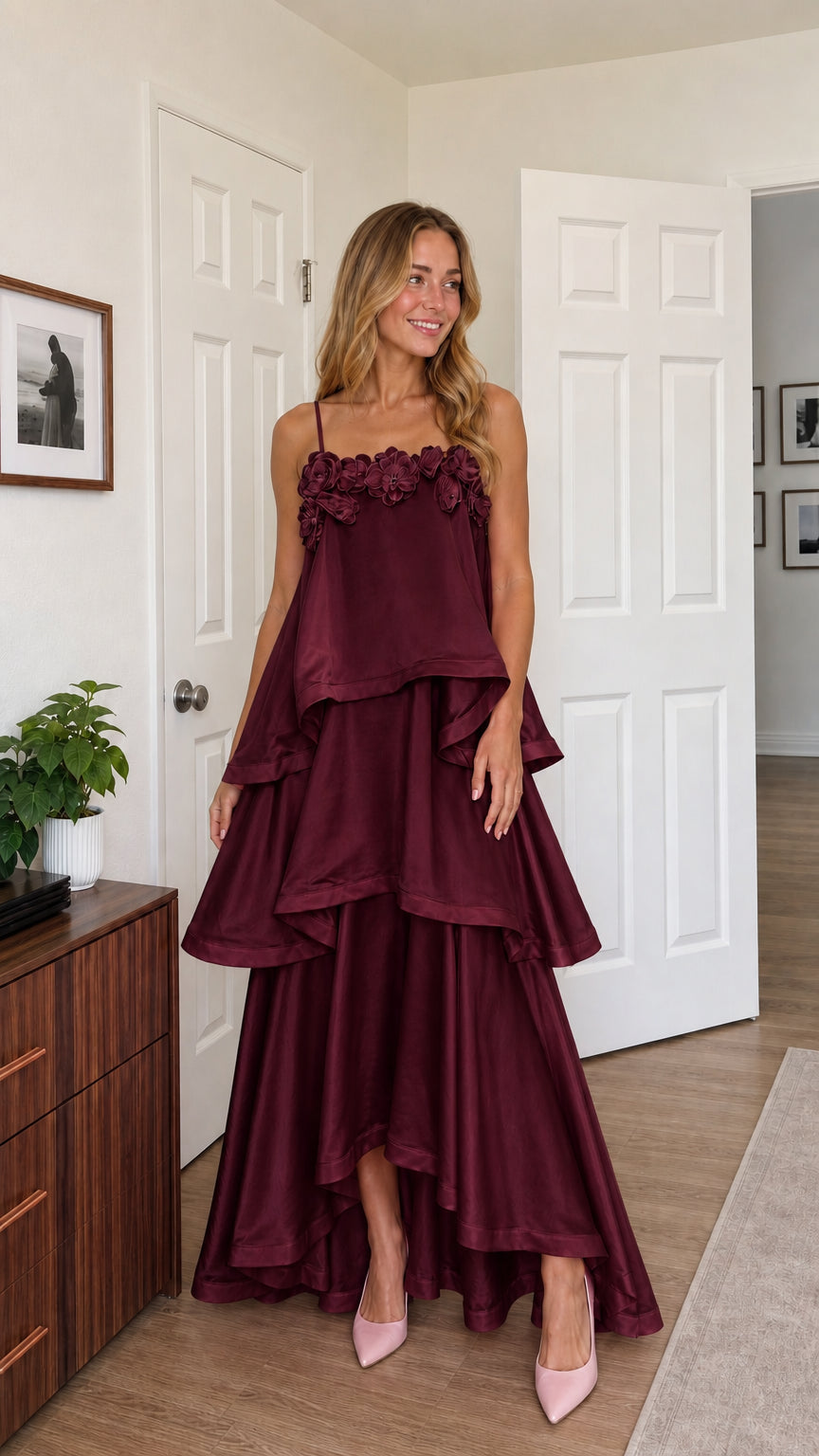 Front view of model wearing burgundy tiered ruffle cami maxi dress