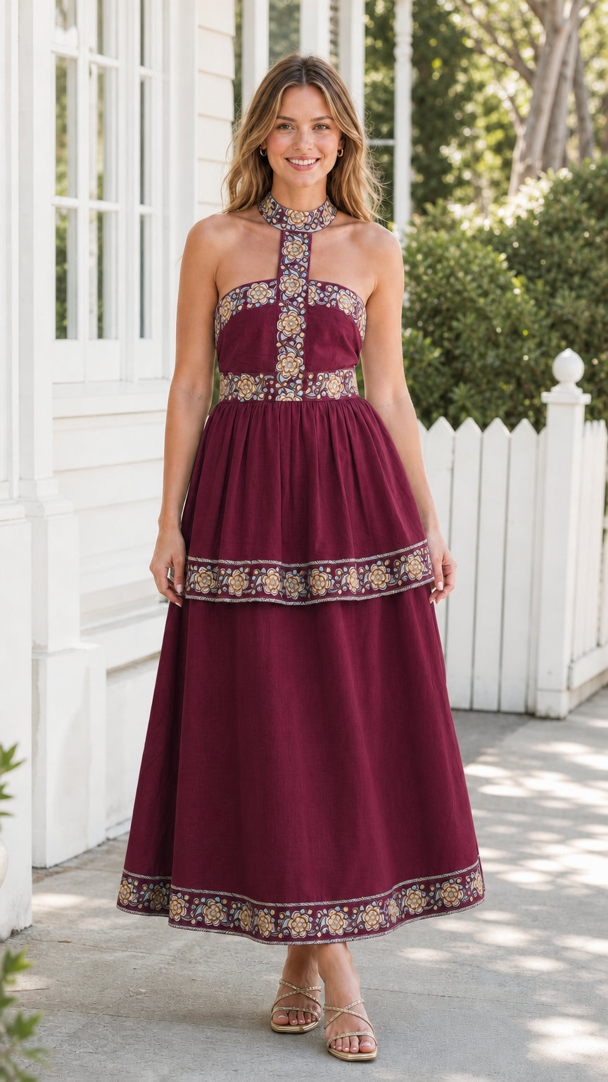 Model wearing burgundy embroidered halter midi dress