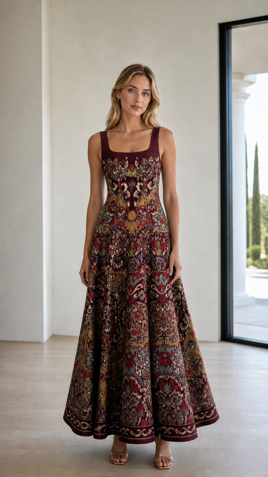 Front view of model in burgundy patterned maxi dress variant
