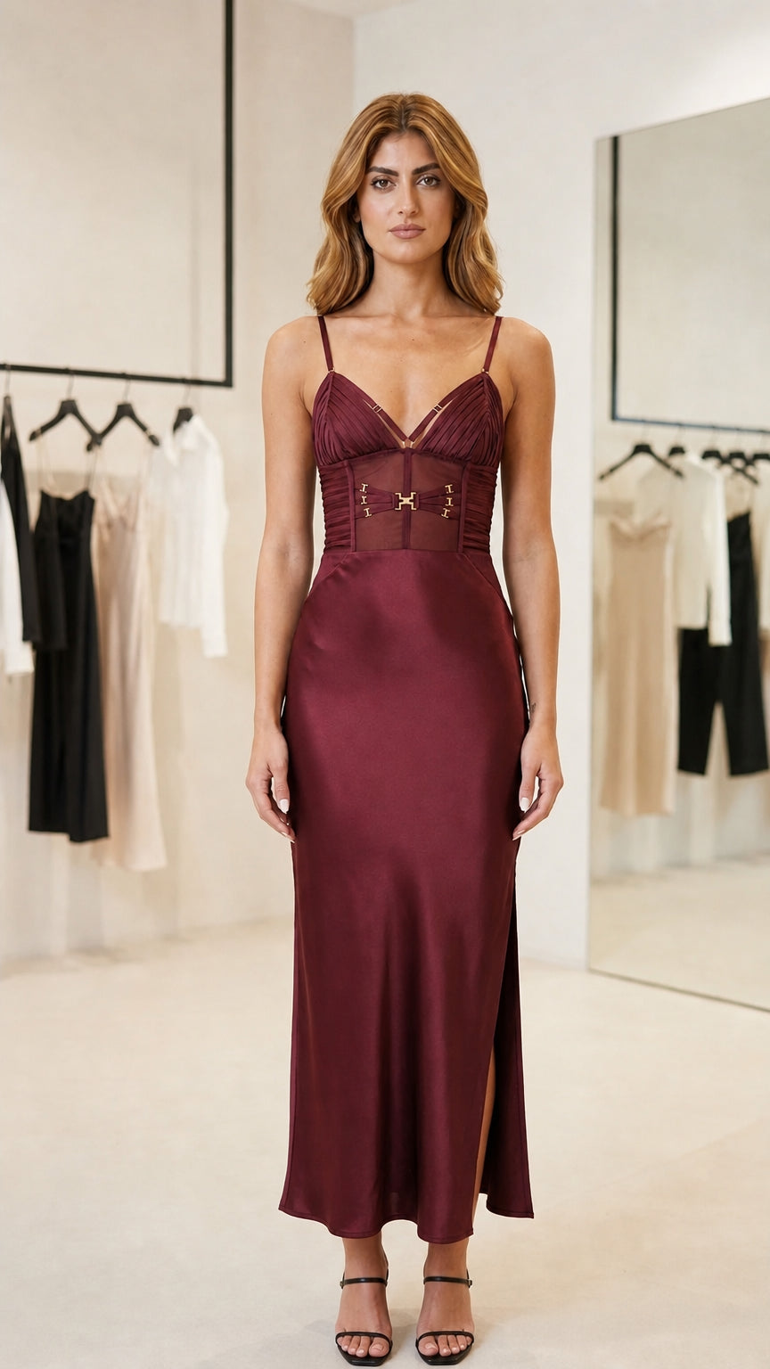 Front view of woman wearing Burgundy satin slip maxi dress