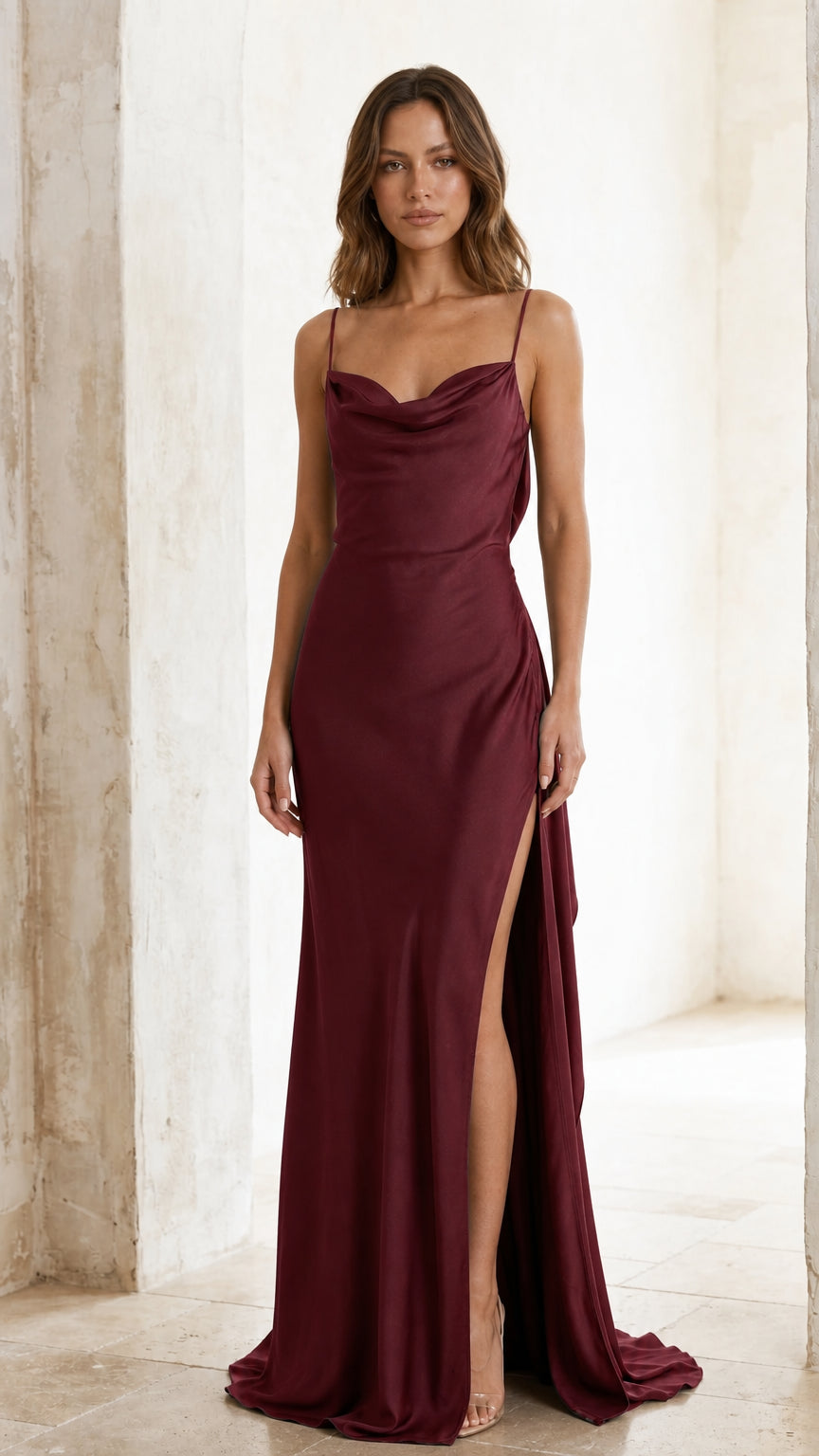 Front view of burgundy satin maxi dress